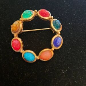 Vintage Scarab Brooch Gold Multi Color Stone  Pin